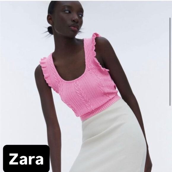 Zara Vibrant Pink Knit Ruffle Tank Top Size L NWT - Picture 1 of 4